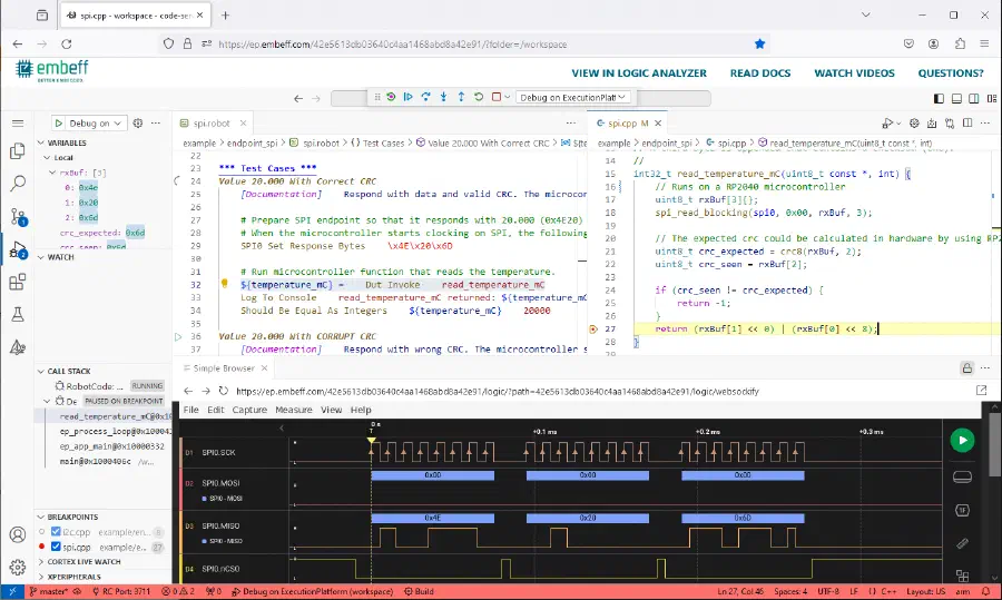 VS Code in the browser, debugging a test on the demo ExecutionPlatform: code, tests, debugger and logic analyzer in one tab